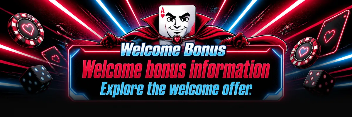 A caped ace hero presents a glowing welcome bonus panel against a rose-red and sky-blue casino backdrop.